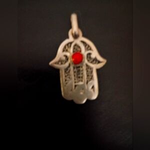 Silver Hamsa Pendant with Red Stone